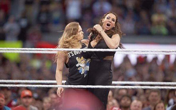 WWE Wrestling: WrestleMania 31: MMA fighter Ronda Rousey in action, chokehold vs Stephanie McMahon ...