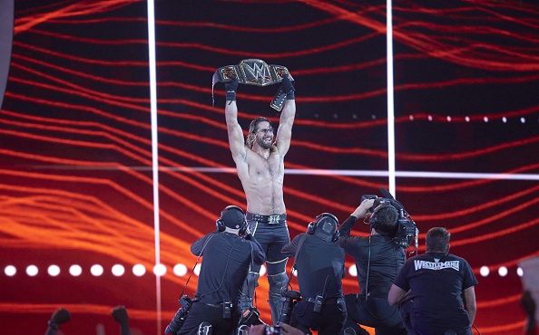 WWE Wrestling: WrestleMania 31: Seth Rollins victorious in ring with belt during event at Levi's St...