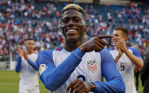 SEATTLE, WA - JUNE 16:  Gyasi Zardes #9 of the United States gestures as he walks off the pitch aft...