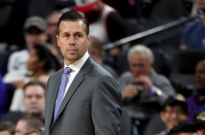 LAS VEGAS, NV - OCTOBER 08: Head coach Dave Joerger of the Sacramento Kings looks on during a preseason game against the Los Angeles Lakers at T-Mobile Arena on October 8, 2017 in Las Vegas, Nevada. Los Angeles won 75-69. NOTE TO USER: User expressly acknowledges and agrees that, by downloading and or using this photograph, User is consenting to the terms and conditions of the Getty Images License Agreement. 