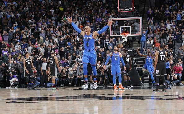 SACRAMENTO, CA - FEBRUARY 22: Russell Westbrook #0 of the Oklahoma City Thunder reacts after shooti...