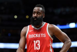 DENVER, CO - FEBRUARY 25: Houston Rockets guard James Harden (13) walks off the court during halftime as they take on the Denver Nuggets at Pepsi Center on February 25, 2018 in Denver, Colorado. NOTE TO USER: User expressly acknowledges and agrees that, by downloading and or using this photograph, User is consenting to the terms and conditions of the Getty Images License Agreement.