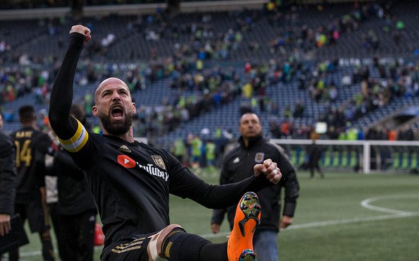 SEATTLE, WA - MARCH 4: Laurent Ciman #23 of Los Angeles FC celebrates after a match against the Sea...