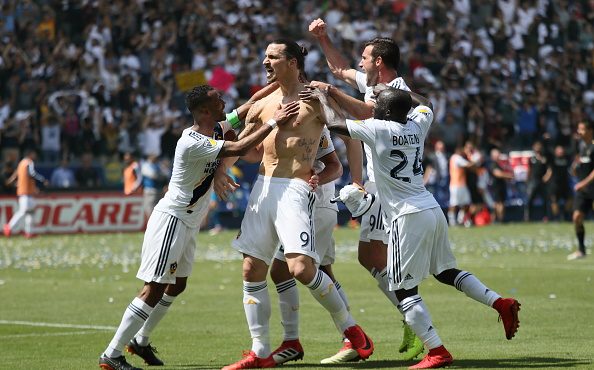 CARSON, CA - MARCH 31: Zlatan Ibrahimovic of Los Angeles Galaxy celebrates after scoring a goal to ...