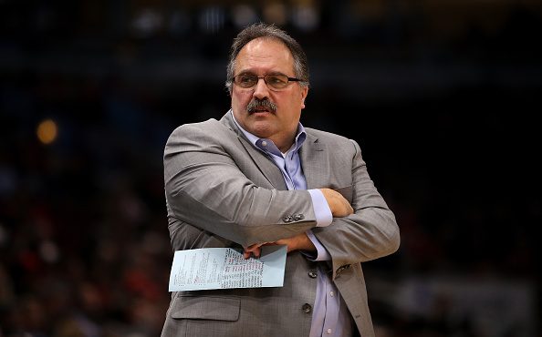 CHICAGO, IL - APRIL 11:  Head coach Stan Van Gundy of the Detroit Pistons reacts in the first quart...