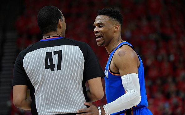 SALT LAKE CITY, UT - APRIL 21: Russell Westbrook #0 of the Oklahoma City Thunder talks with officia...