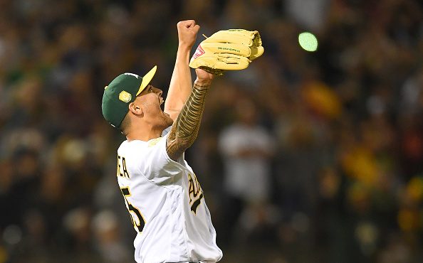 OAKLAND, CA - APRIL 21: Sean Manaea #55 of the Oakland Athletics celebrates after pitching a no-hit...