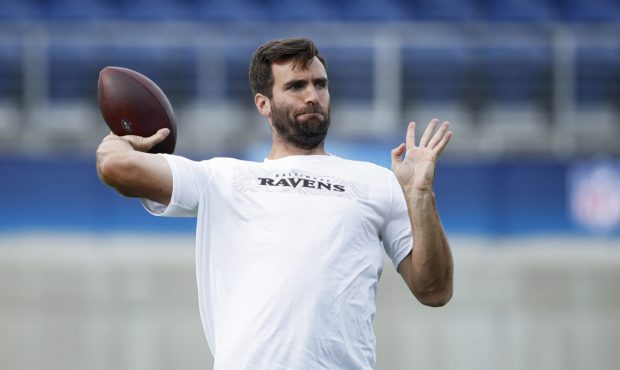 CANTON, OH - AUGUST 02: Joe Flacco #5 of the Baltimore Ravens warms up prior to the Hall of Fame Ga...
