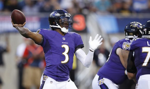 CANTON, OH - AUGUST 02: Robert Griffin III #3 of the Baltimore Ravens looks to pass in the first qu...