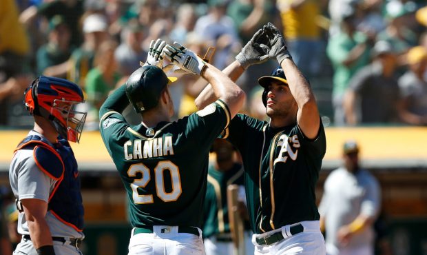 OAKLAND, CA - AUGUST 05: Matt Olson #28 of the Oakland Athletics celebrates with teammate Mark Canh...