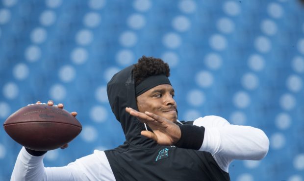 ORCHARD PARK, NY - AUGUST 09: Cam Newton #1 of the Carolina Panthers warms up before the preseason ...