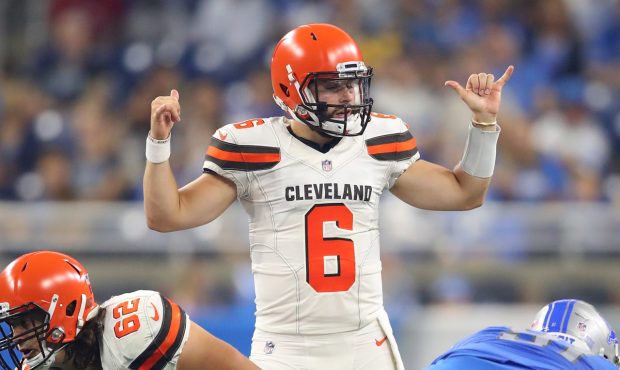 DETROIT, MI - AUGUST 30: Baker Mayfield #6 of the Cleveland Browns calls signals during the first q...