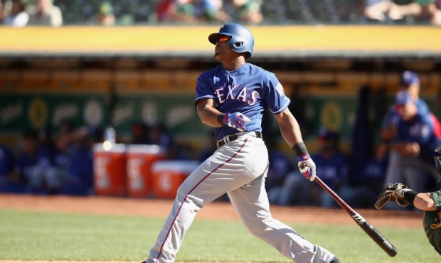 OAKLAND, CA - SEPTEMBER 08: Adrian Beltre #29 of the Texas Rangers hits a two run home run in the e...