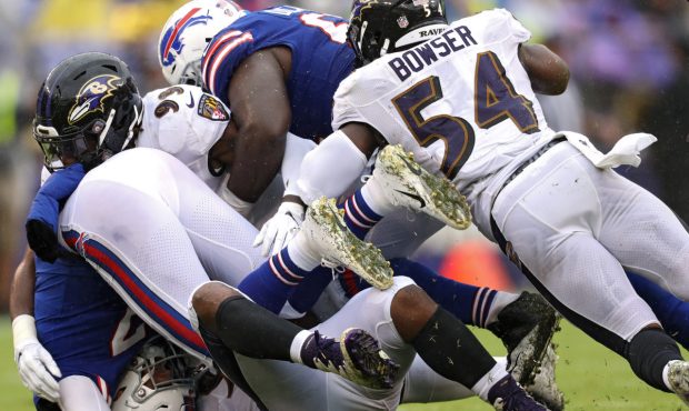 BALTIMORE, MD - SEPTEMBER 09: Quarterback Josh Allen #17 of the Buffalo Bills is sacked by Za'Dariu...