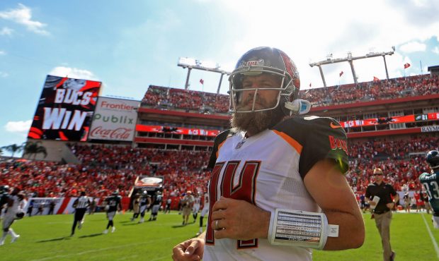 TAMPA, FL - SEPTEMBER 16: Ryan Fitzpatrick #14 of the Tampa Bay Buccaneers walks off the field afte...
