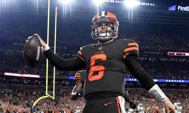 CLEVELAND, OH - SEPTEMBER 20: Baker Mayfield #6 of the Cleveland Browns celebrates after making a c...