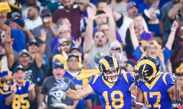LOS ANGELES, CA - SEPTEMBER 27: Wide receiver Cooper Kupp #18 of the Los Angeles Rams celebrates hi...