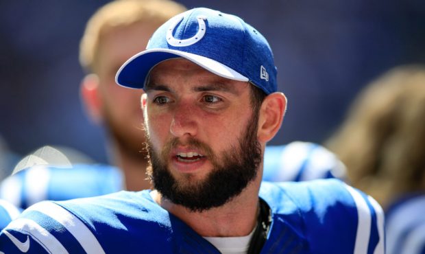 INDIANAPOLIS, IN - SEPTEMBER 30: Andrew Luck #12 of the Indianapolis Colts on the side lines in the...