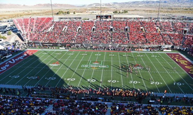 LAS VEGAS, NEVADA - DECEMBER 15: A general view shows the Fresno State Bulldogs and the Arizona Sta...