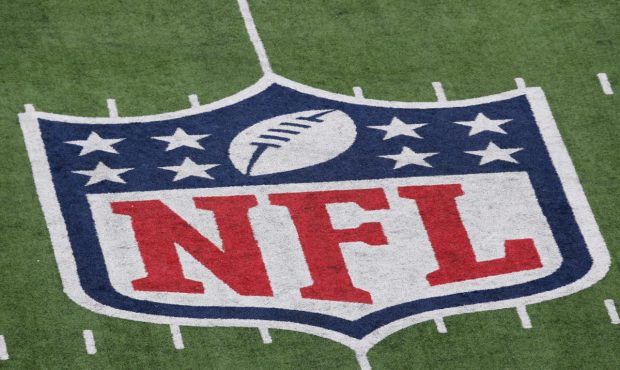 A detail of the official National Football League NFL logo is seen painted on the turf as the New Y...