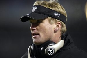 30 Dec 2001: Head coach Jon Gruden of the Oakland Raiders during the game against the Denver Broncos at Invesco Field at Mile High Stadium in Denver, Colorado. The Broncos won 23-17. DIGITAL IMAGE. Mandatory Credit: Brian Bahr/Getty Images