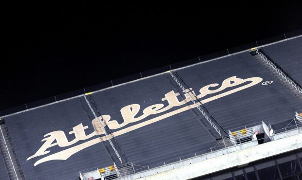 OAKLAND, CA - SEPTEMBER 05: A general view of the Athetics logo durring the game between the Oaklan...