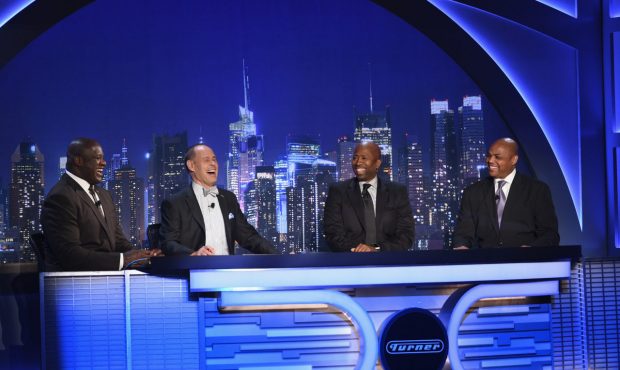NEW YORK, NY - MAY 13: Shaquille O'Neal, Ernie Johnson, Kenny Smith and Charles Barkley speak on st...