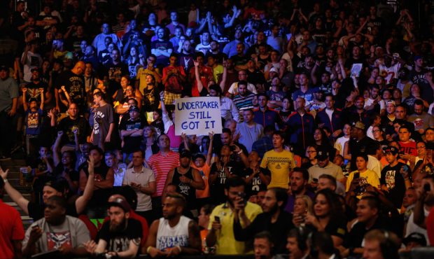 NEW YORK, NY - AUGUST 23: Fans cheer for their fighter at the WWE SummerSlam 2015 at Barclays Cente...