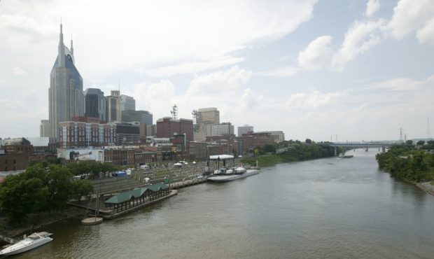 NASHVILLE - JUNE 10: The skyline of Nashville is seen with riverfront concert stage and midway duri...