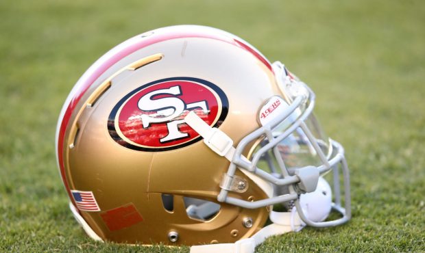 SANTA CLARA, CA - OCTOBER 06: A view of a San Francisco 49ers helmet during warms up prior to their...