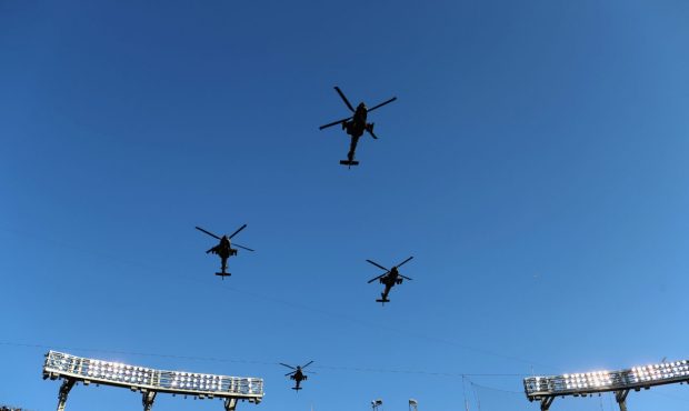 BALTIMORE, MD - DECEMBER 10: Army helicopters fly over M&T Bank Stadium before the start of the...