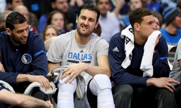 DALLAS, TX - JANUARY 05: Andrew Bogut #6 of the Dallas Mavericks sits on the bench in the first hal...