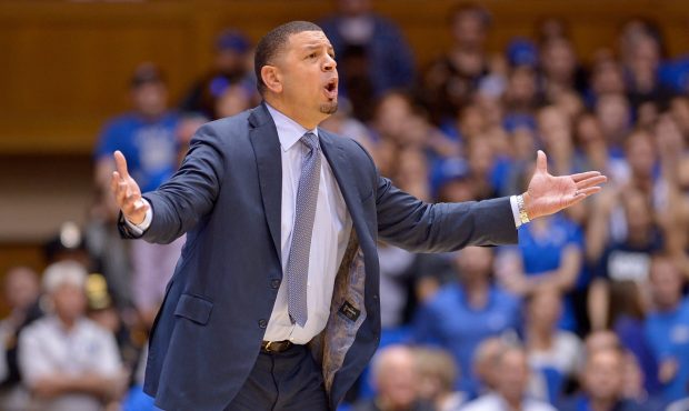 DURHAM, NC - JANUARY 23: Acting head coach Jeff Capel of the Duke Blue Devils reacts during the gam...