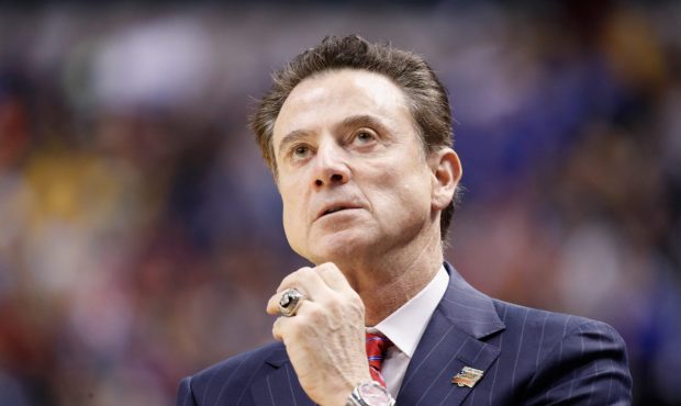 INDIANAPOLIS, IN - MARCH 19: Head coach Rick Pitino of the Louisville Cardinals reacts against the ...