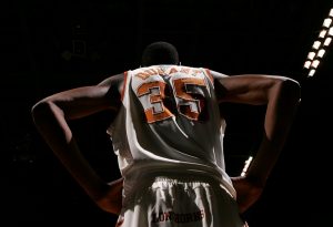 SPOKANE, WA - MARCH 16: A view of the back of Kevin Durant #35 of the Texas Longhorns during the first round of the NCAA Men's Basketball Tournament against the New Mexico State Aggies at Spokane Memorial Arena on March 16, 2007 in Spokane, Washington. The Longhorns defeated the Aggies 79-67.
