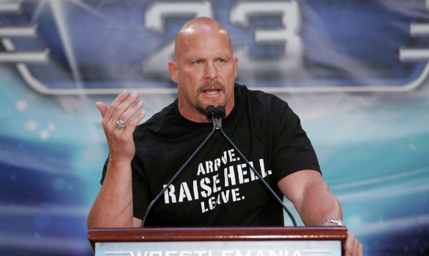 NEW YORK - MARCH 28: Wrestler Stone Cold Steve Austin speaks at the press conference held by Battle...