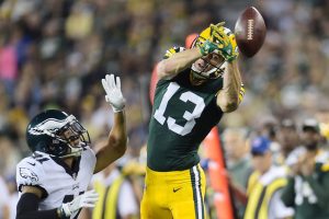GREEN BAY, WI - AUGUST 10: Max McCaffrey #13 of the Green Bay Packers is unable to catch a pass during the fourth quarter of a preseason game against the Philadelphia Eagles at Lambeau Field on August 10, 2017 in Green Bay, Wisconsin.