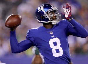 EAST RUTHERFORD, NJ - AUGUST 26: Josh Johnson #8 of the New York Giants passes the ball in the first quarter against the New York Jets during a preseason game on August 26, 2017 at MetLife Stadium in East Rutherford, New Jersey (Photo by Elsa/Getty Images)