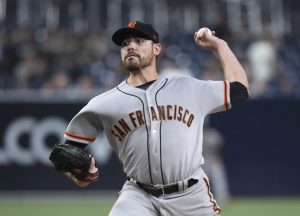 SAN DIEGO, CA - AUGUST 29: Matt Moore #45 of the San Francisco Giants pitches during the first inning of a baseball game against the San Diego Padres at PETCO Park on August 29, 2017 in San Diego, California.