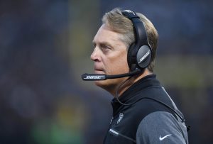 OAKLAND, CA - AUGUST 31: Head coach Jack Del Rio of the Oakland Raiders looks on from the sidelines against the Seattle Seahawks during the first quarter of their game at the Oakland-Alameda County Coliseum on August 31, 2017 in Oakland, California.