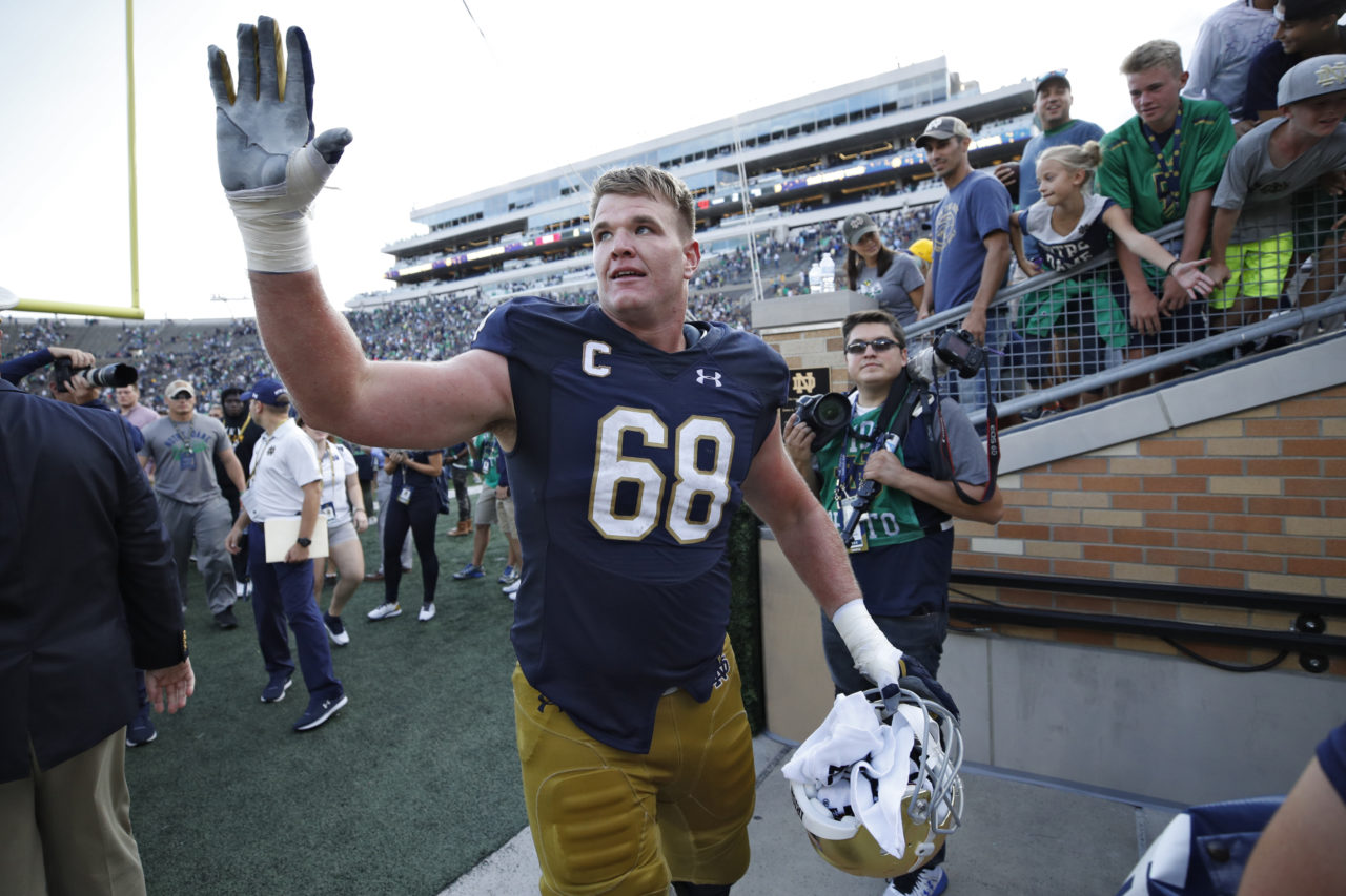 SOUTH BEND, IN - SEPTEMBER 02: Mike McGlinchey #68 of the Notre Dame Fighting Irish celebrates as he leaves the field following a game against the Temple Owls at Notre Dame Stadium on September 2, 2017 in South Bend, Indiana. The Irish won 49-16.