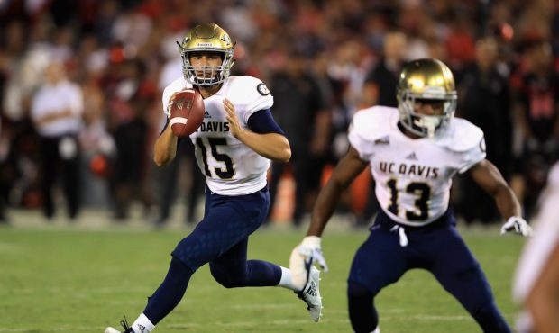 SAN DIEGO, CA - SEPTEMBER 02: Jake Maier #15 of the UC Davis Aggies passes the ball during the seco...