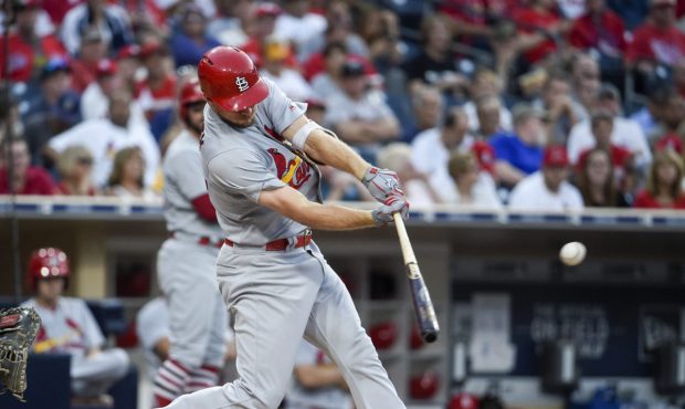 SAN DIEGO, CA - SEPTEMBER 7: Stephen Piscotty #55 of the St. Louis Cardinals hits a single during t...
