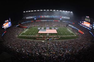 FOXBORO, MA - SEPTEMBER 07:  A general view as New England Patriots Super Bowl Championship banners and an American flag are displayed on the field during the national anthem prior to the game between the Kansas City Chiefs and the New England Patriots at Gillette Stadium on September 7, 2017 in Foxboro, Massachusetts.  (Photo by Adam Glanzman/Getty Images)