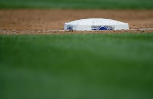 DENVER, CO - SEPTEMBER 17: Third base bag with a Rockies logo during a regular season MLB game between the Colorado Rockies and the visiting San Diego Padres at Coors Field on September 17, 2017 in Denver, Colorado. (Photo by Russell Lansford/Getty Images)