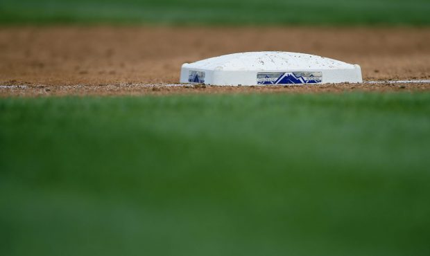 DENVER, CO - SEPTEMBER 17: Third base bag with a Rockies logo during a regular season MLB game betw...