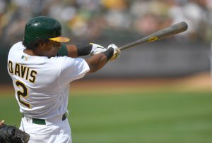 OAKLAND, CA - SEPTEMBER 24: Khris Davis #2 of the Oakland Athletics hits a two-run homer against the Texas Rangers in the bottom of the fifth inning at Oakland Alameda Coliseum on September 24, 2017 in Oakland, California. (Photo by Thearon W. Henderson/Getty Images)