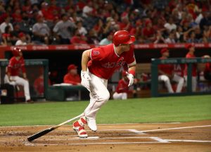 ANAHEIM, CA - SEPTEMBER 29: Mike Trout #27 of the Los Angeles Angels of Anaheim drops his bat as he looks up to watch his fly ball go toward the center field wall for a homerun during the first inning of the MLB game against the Seattle Mariners at Angel Stadium of Anaheim on September 29, 2017 in Anaheim, California. (Photo by Victor Decolongon/Getty Images)