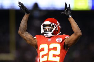 OAKLAND, CA - OCTOBER 19: Marcus Peters #22 of the Kansas City Chiefs reacts after a play against the Oakland Raiders during their NFL game at Oakland-Alameda County Coliseum on October 19, 2017 in Oakland, California.