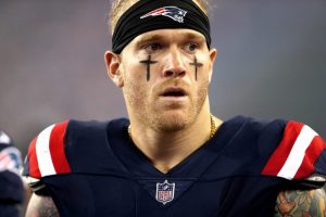 FOXBORO, MA - OCTOBER 22: Cassius Marsh #55 of the New England Patriots looks on before a game against the Atlanta Falcons at Gillette Stadium on October 22, 2017 in Foxboro, Massachusetts.